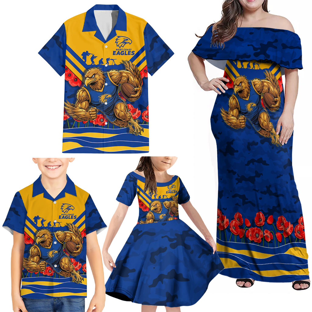 Personalised West Coast Eagles ANZAC Family Matching Off Shoulder Maxi Dress and Hawaiian Shirt Military Remembrance Australian Football Mascot Camouflage