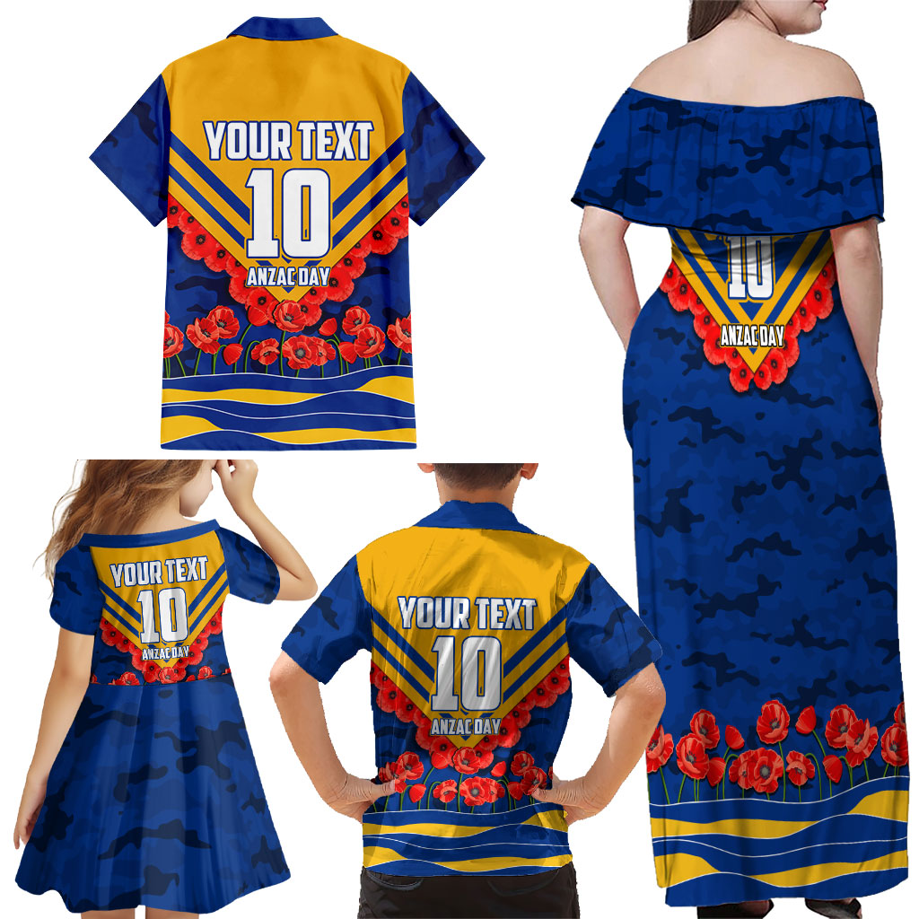 Personalised West Coast Eagles ANZAC Family Matching Off Shoulder Maxi Dress and Hawaiian Shirt Military Remembrance Australian Football Mascot Camouflage