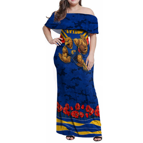 Personalised West Coast Eagles ANZAC Family Matching Off Shoulder Maxi Dress and Hawaiian Shirt Military Remembrance Australian Football Mascot Camouflage