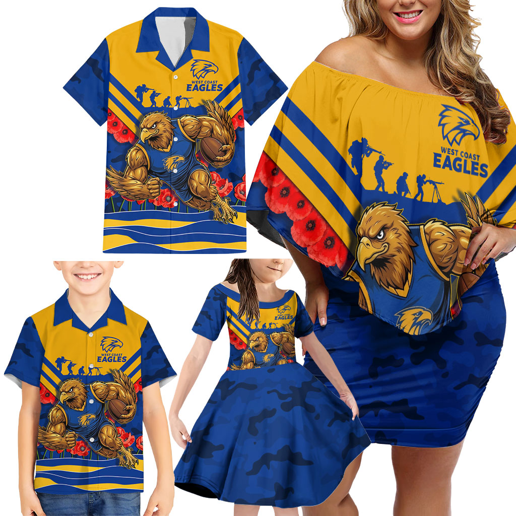 Personalised West Coast Eagles ANZAC Family Matching Off Shoulder Short Dress and Hawaiian Shirt Military Remembrance Australian Football Mascot Camouflage