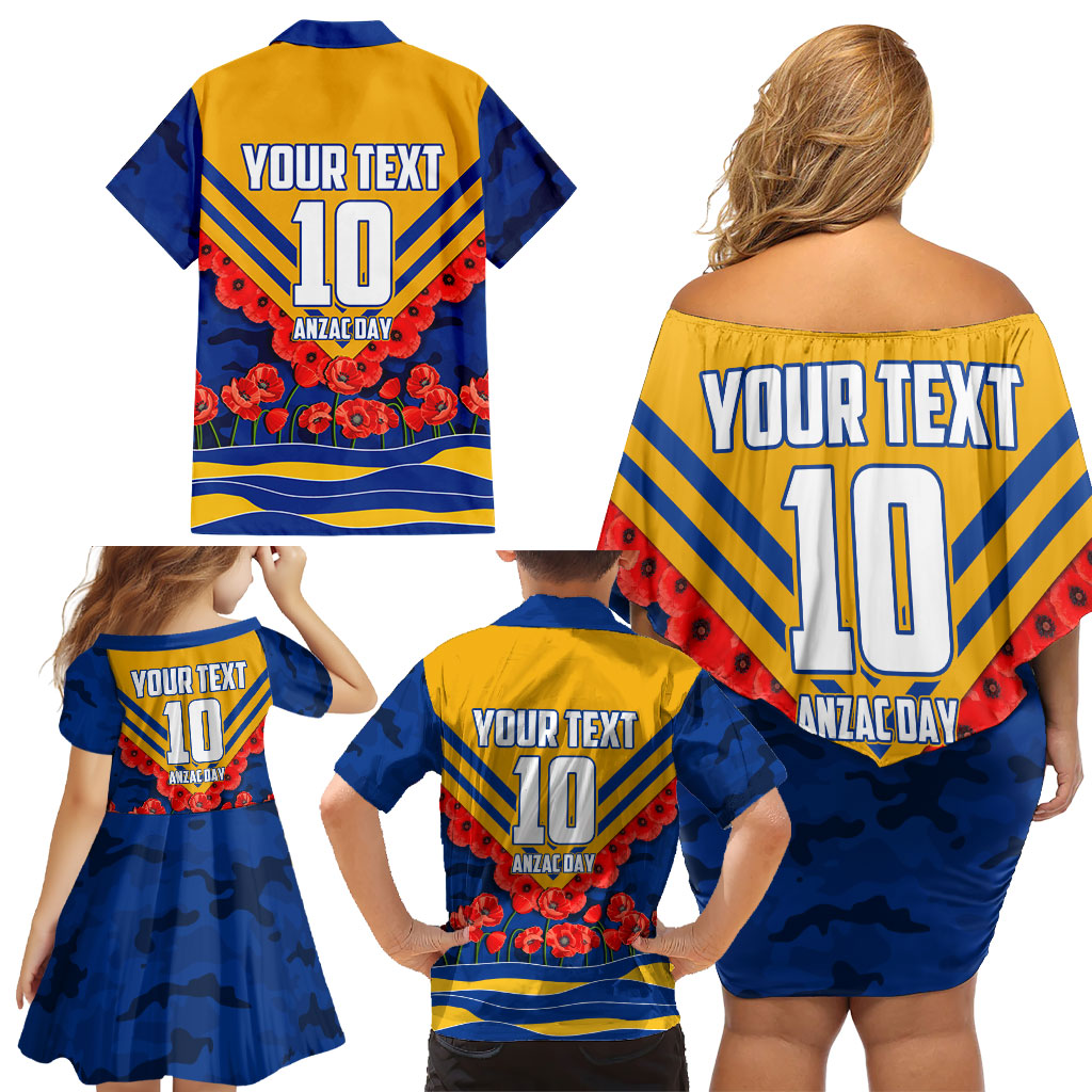 Personalised West Coast Eagles ANZAC Family Matching Off Shoulder Short Dress and Hawaiian Shirt Military Remembrance Australian Football Mascot Camouflage