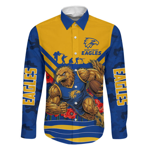 Personalised West Coast Eagles ANZAC Family Matching Off Shoulder Short Dress and Hawaiian Shirt Military Remembrance Australian Football Mascot Camouflage