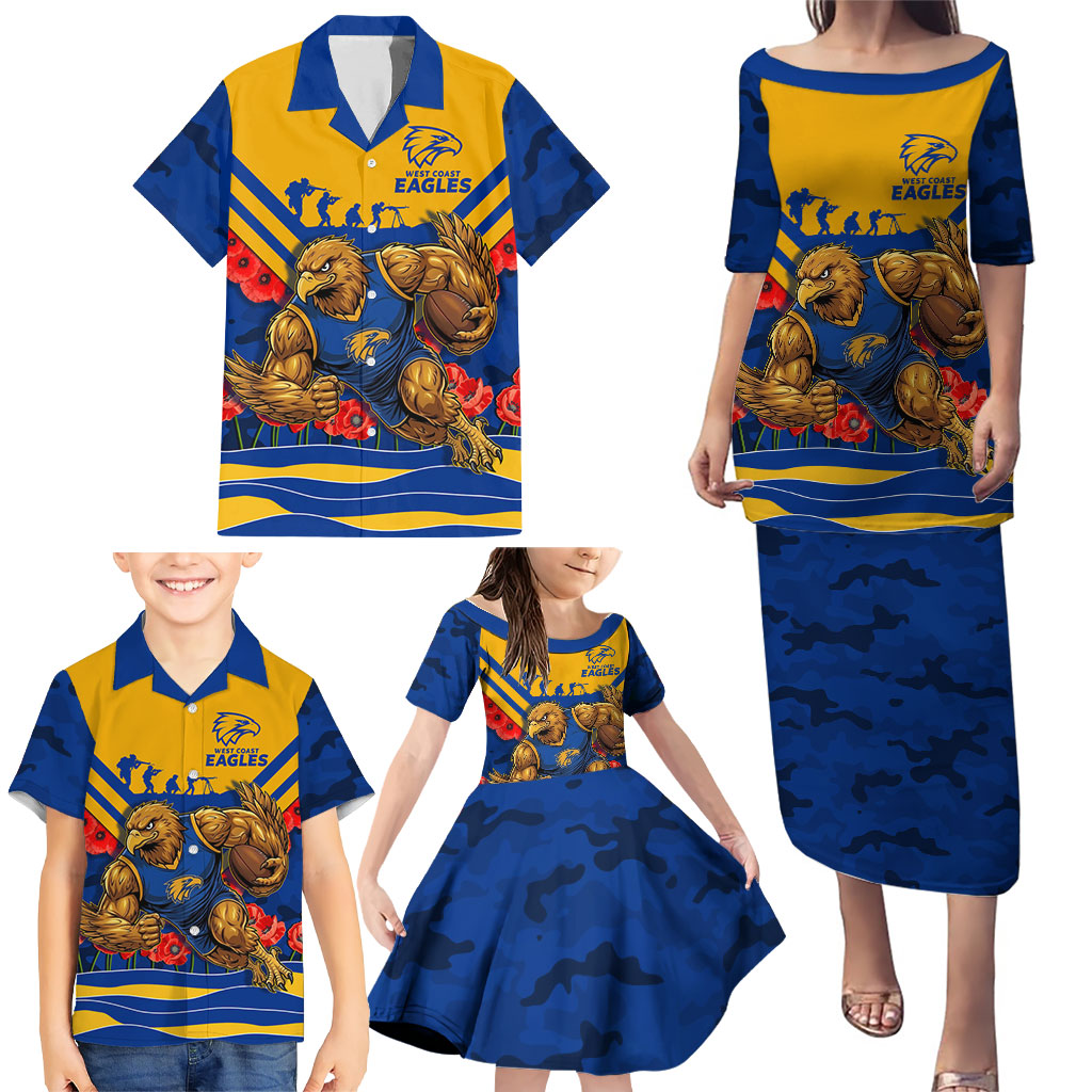 Personalised West Coast Eagles ANZAC Family Matching Puletasi and Hawaiian Shirt Military Remembrance Australian Football Mascot Camouflage