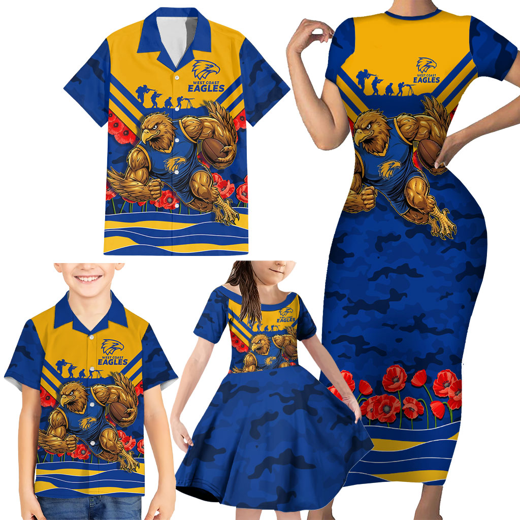 Personalised West Coast Eagles ANZAC Family Matching Short Sleeve Bodycon Dress and Hawaiian Shirt Military Remembrance Australian Football Mascot Camouflage