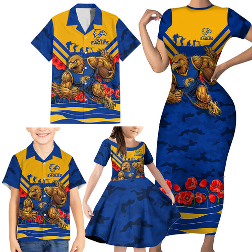 Personalised West Coast Eagles ANZAC Family Matching Short Sleeve Bodycon Dress and Hawaiian Shirt Military Remembrance Australian Football Mascot Camouflage