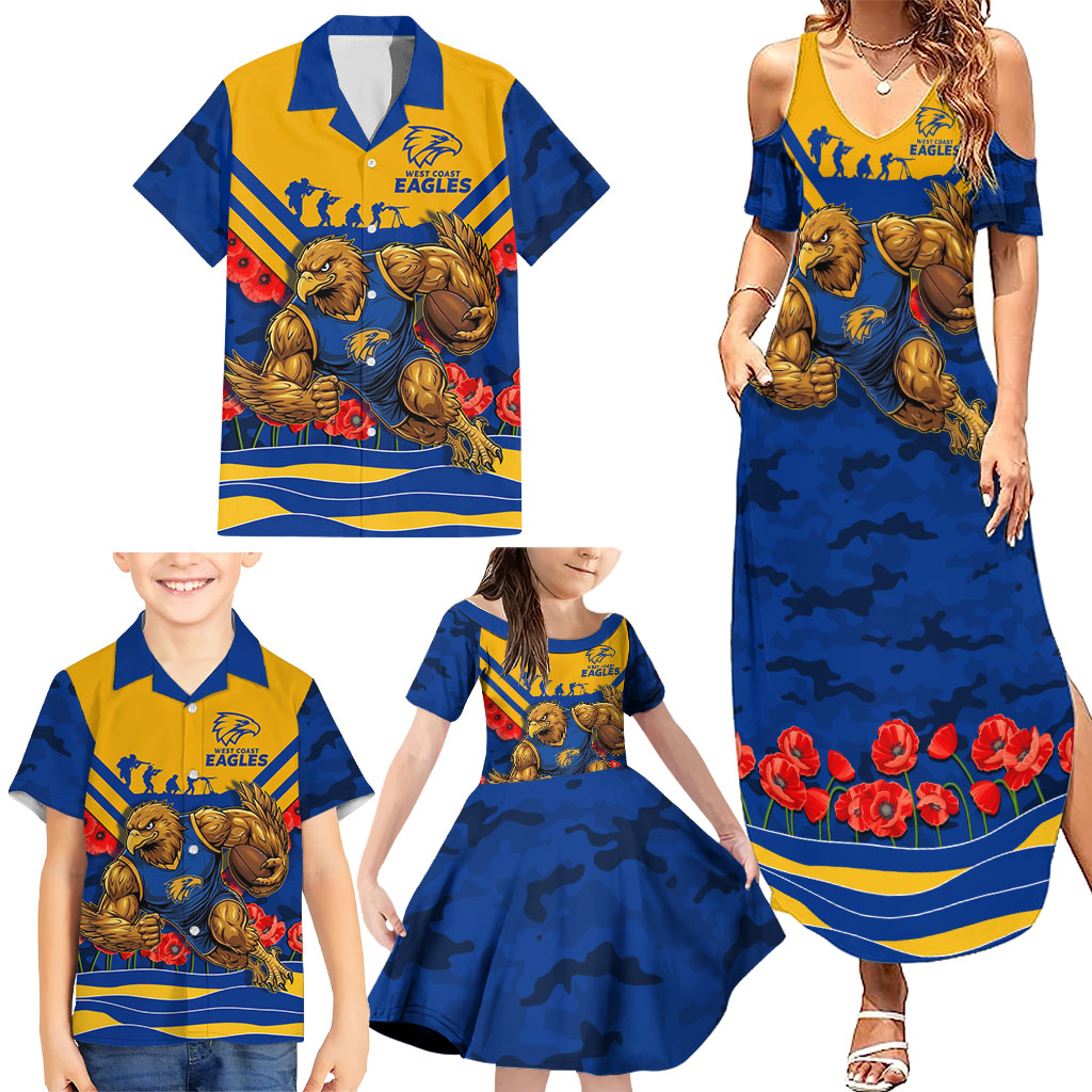 Personalised West Coast Eagles ANZAC Family Matching Summer Maxi Dress and Hawaiian Shirt Military Remembrance Australian Football Mascot Camouflage