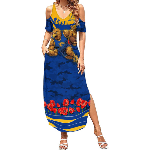 Personalised West Coast Eagles ANZAC Family Matching Summer Maxi Dress and Hawaiian Shirt Military Remembrance Australian Football Mascot Camouflage