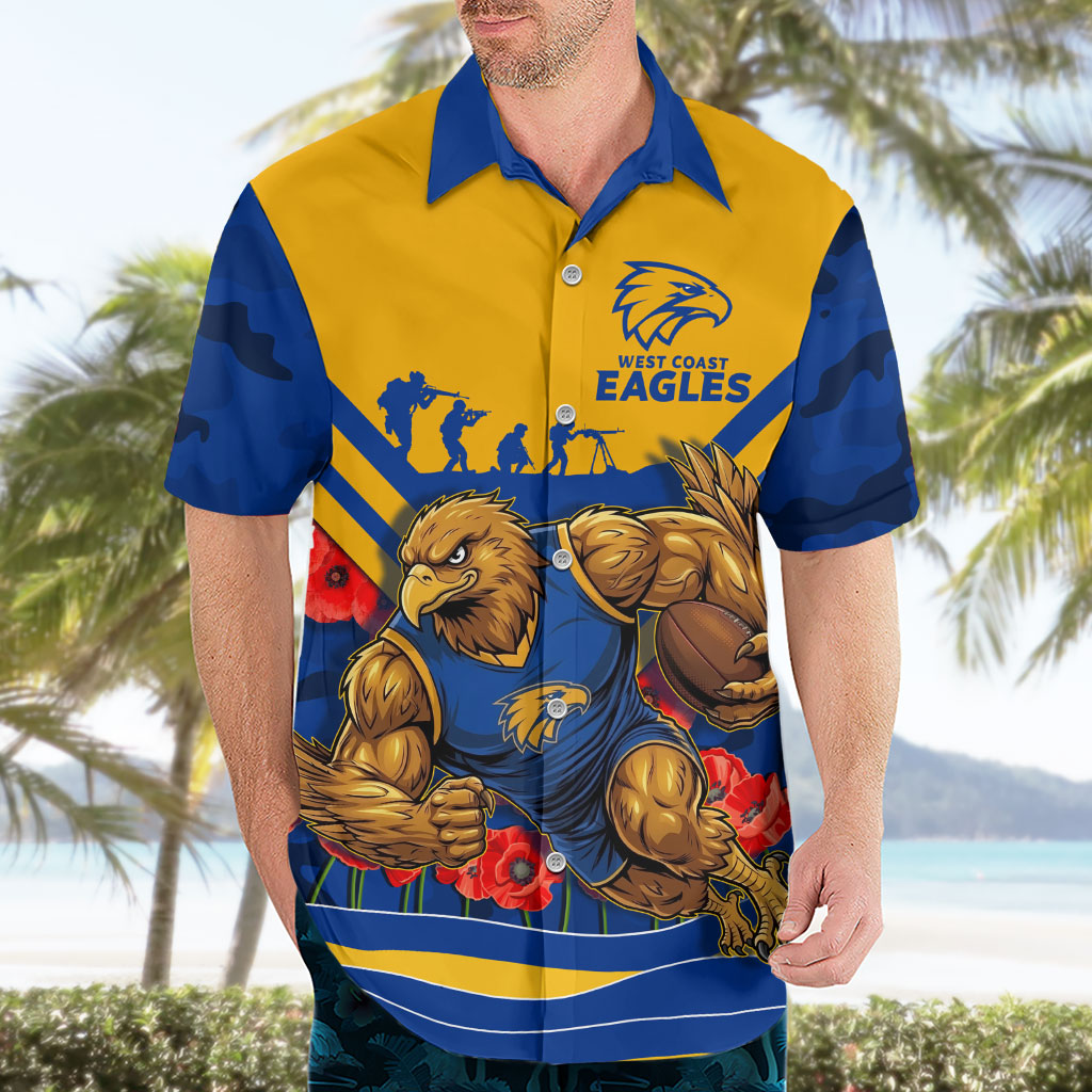 Personalised West Coast Eagles ANZAC Hawaiian Shirt Military Remembrance Australian Football Mascot Camouflage