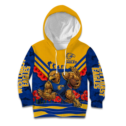 Personalised West Coast Eagles ANZAC Kid Hoodie Military Remembrance Australian Football Mascot Camouflage