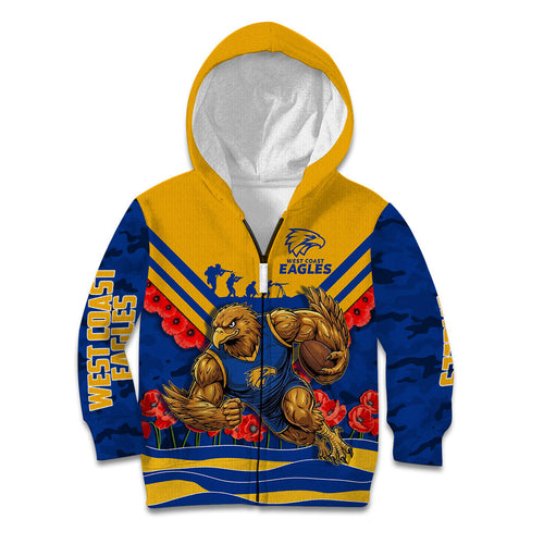 Personalised West Coast Eagles ANZAC Kid Hoodie Military Remembrance Australian Football Mascot Camouflage