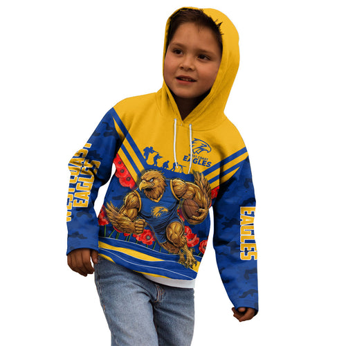 Personalised West Coast Eagles ANZAC Kid Hoodie Military Remembrance Australian Football Mascot Camouflage