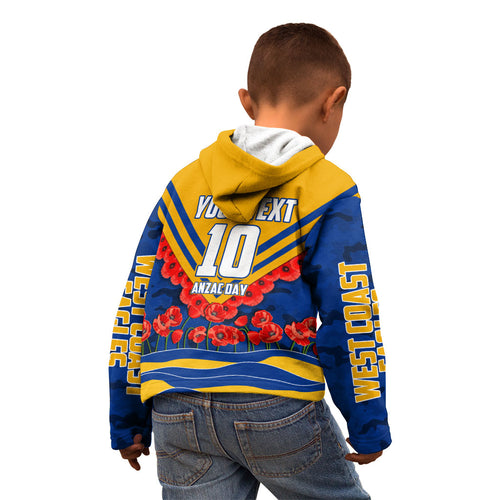 Personalised West Coast Eagles ANZAC Kid Hoodie Military Remembrance Australian Football Mascot Camouflage