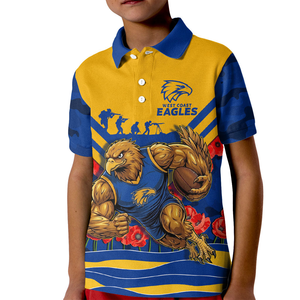 Personalised West Coast Eagles ANZAC Kid Polo Shirt Military Remembrance Australian Football Mascot Camouflage