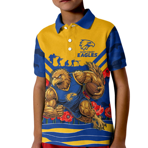 Personalised West Coast Eagles ANZAC Kid Polo Shirt Military Remembrance Australian Football Mascot Camouflage