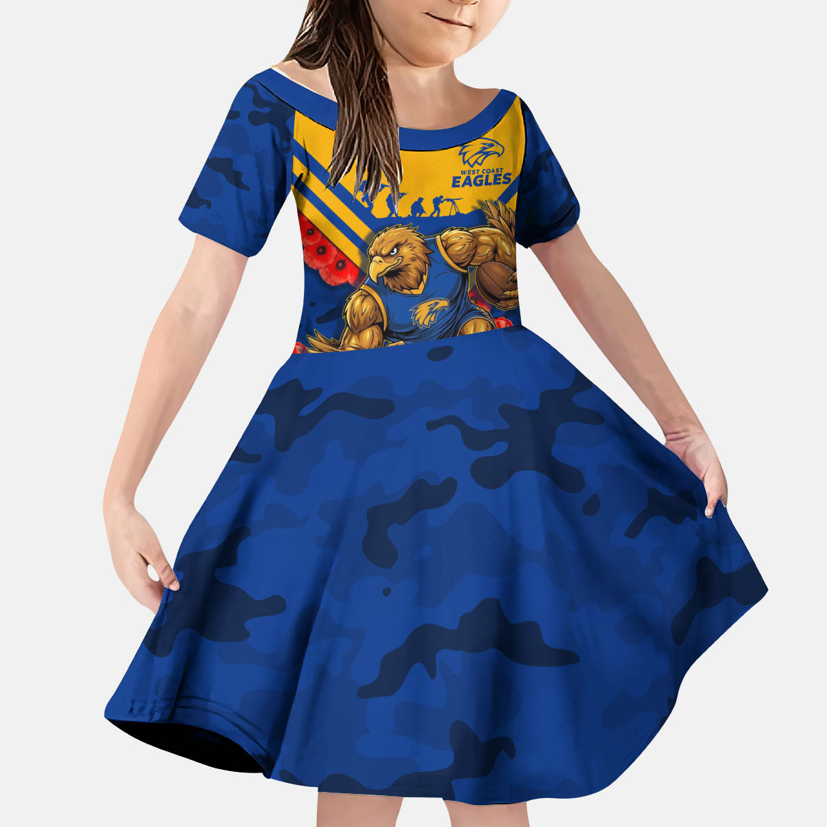 Personalised West Coast Eagles ANZAC Kid Short Sleeve Dress Military Remembrance Australian Football Mascot Camouflage