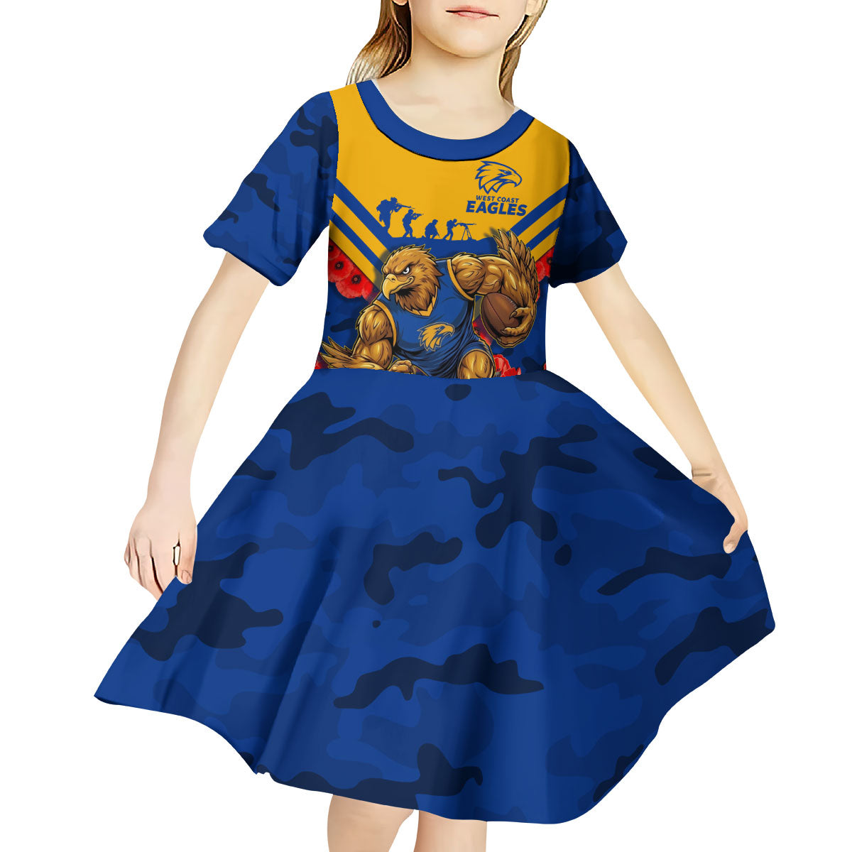 Personalised West Coast Eagles ANZAC Kid Short Sleeve Dress Military Remembrance Australian Football Mascot Camouflage