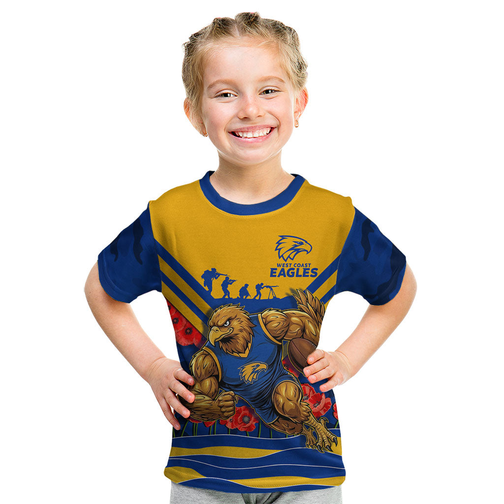 Personalised West Coast Eagles ANZAC Kid T Shirt Military Remembrance Australian Football Mascot Camouflage