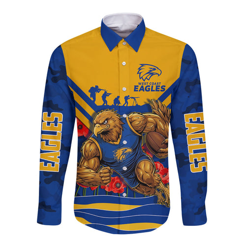 Personalised West Coast Eagles ANZAC Long Sleeve Button Shirt Military Remembrance Australian Football Mascot Camouflage