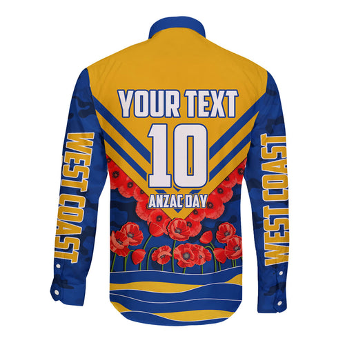Personalised West Coast Eagles ANZAC Long Sleeve Button Shirt Military Remembrance Australian Football Mascot Camouflage