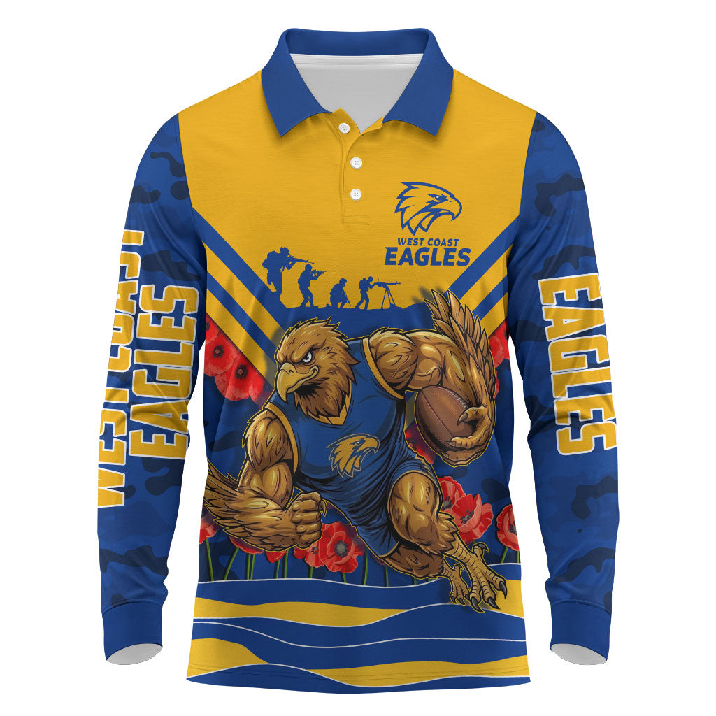 Personalised West Coast Eagles ANZAC Long Sleeve Polo Shirt Military Remembrance Australian Football Mascot Camouflage