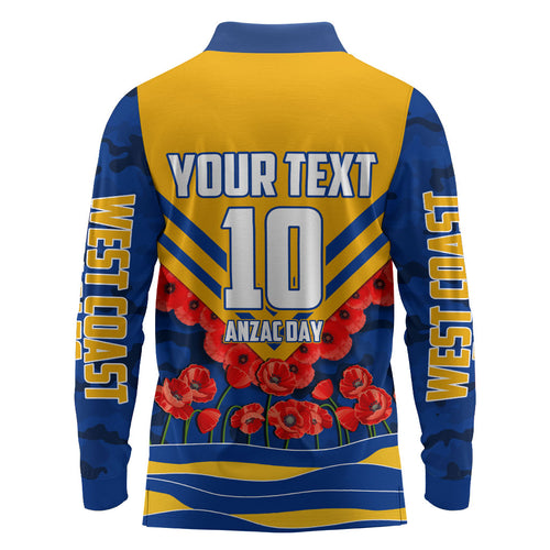 Personalised West Coast Eagles ANZAC Long Sleeve Polo Shirt Military Remembrance Australian Football Mascot Camouflage