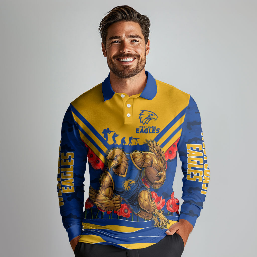 Personalised West Coast Eagles ANZAC Long Sleeve Polo Shirt Military Remembrance Australian Football Mascot Camouflage