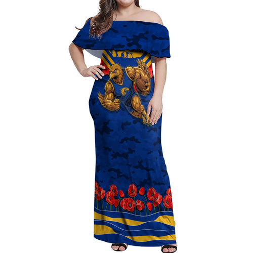 Personalised West Coast Eagles ANZAC Off Shoulder Maxi Dress Military Remembrance Australian Football Mascot Camouflage