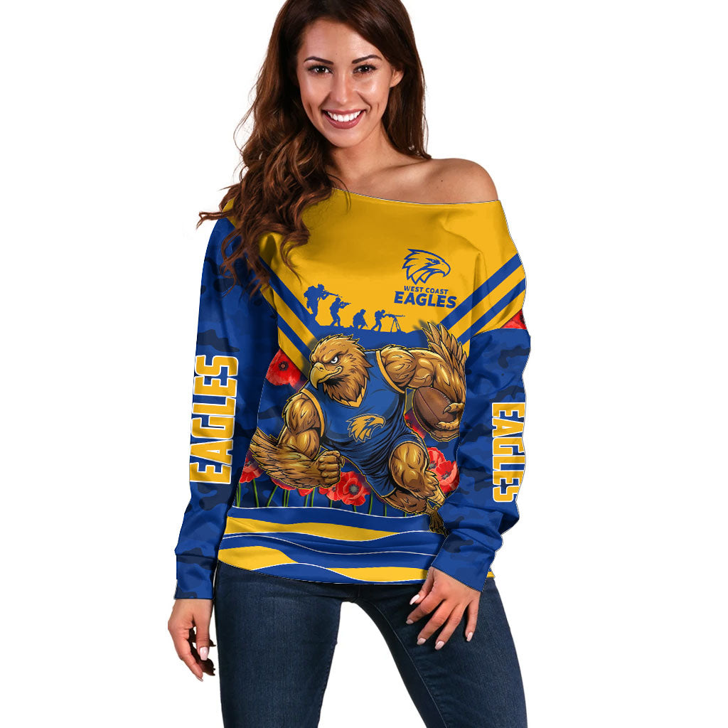 Personalised West Coast Eagles ANZAC Off Shoulder Sweater Military Remembrance Australian Football Mascot Camouflage