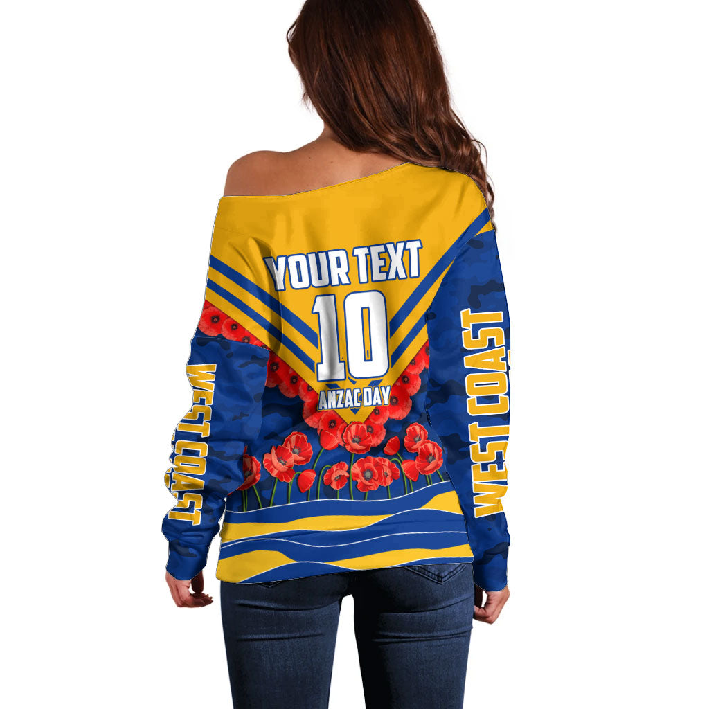 Personalised West Coast Eagles ANZAC Off Shoulder Sweater Military Remembrance Australian Football Mascot Camouflage