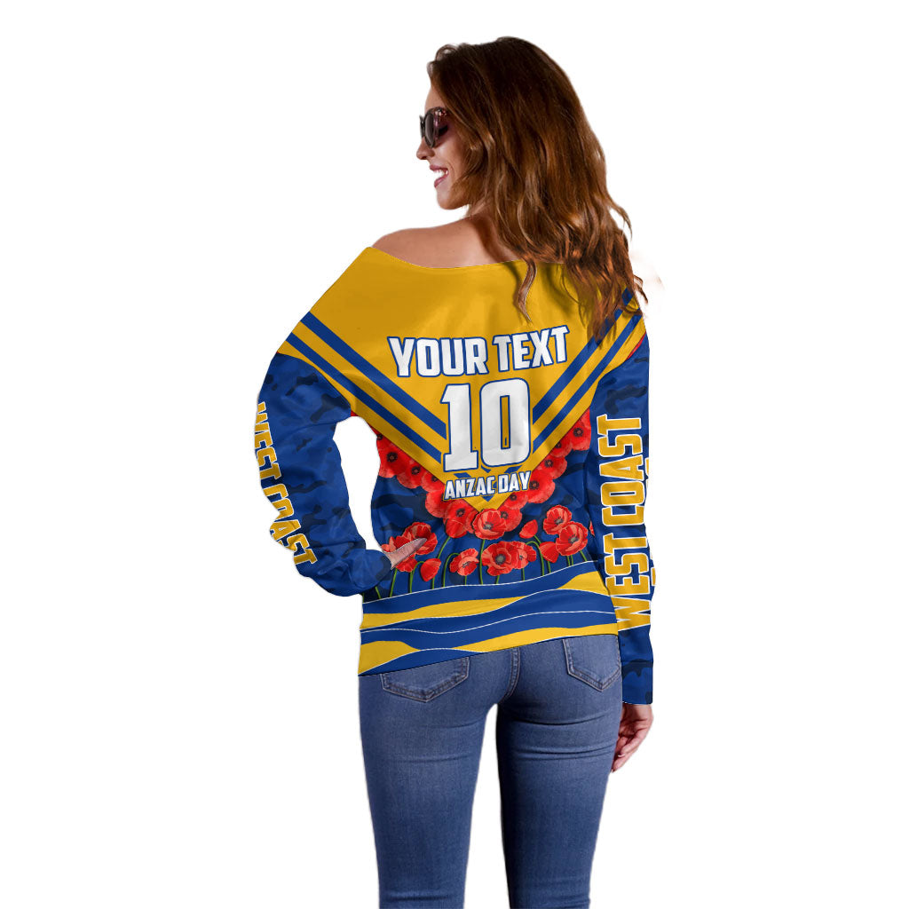Personalised West Coast Eagles ANZAC Off Shoulder Sweater Military Remembrance Australian Football Mascot Camouflage