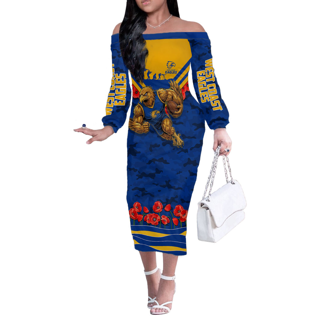 Personalised West Coast Eagles ANZAC Off The Shoulder Long Sleeve Dress Military Remembrance Australian Football Mascot Camouflage