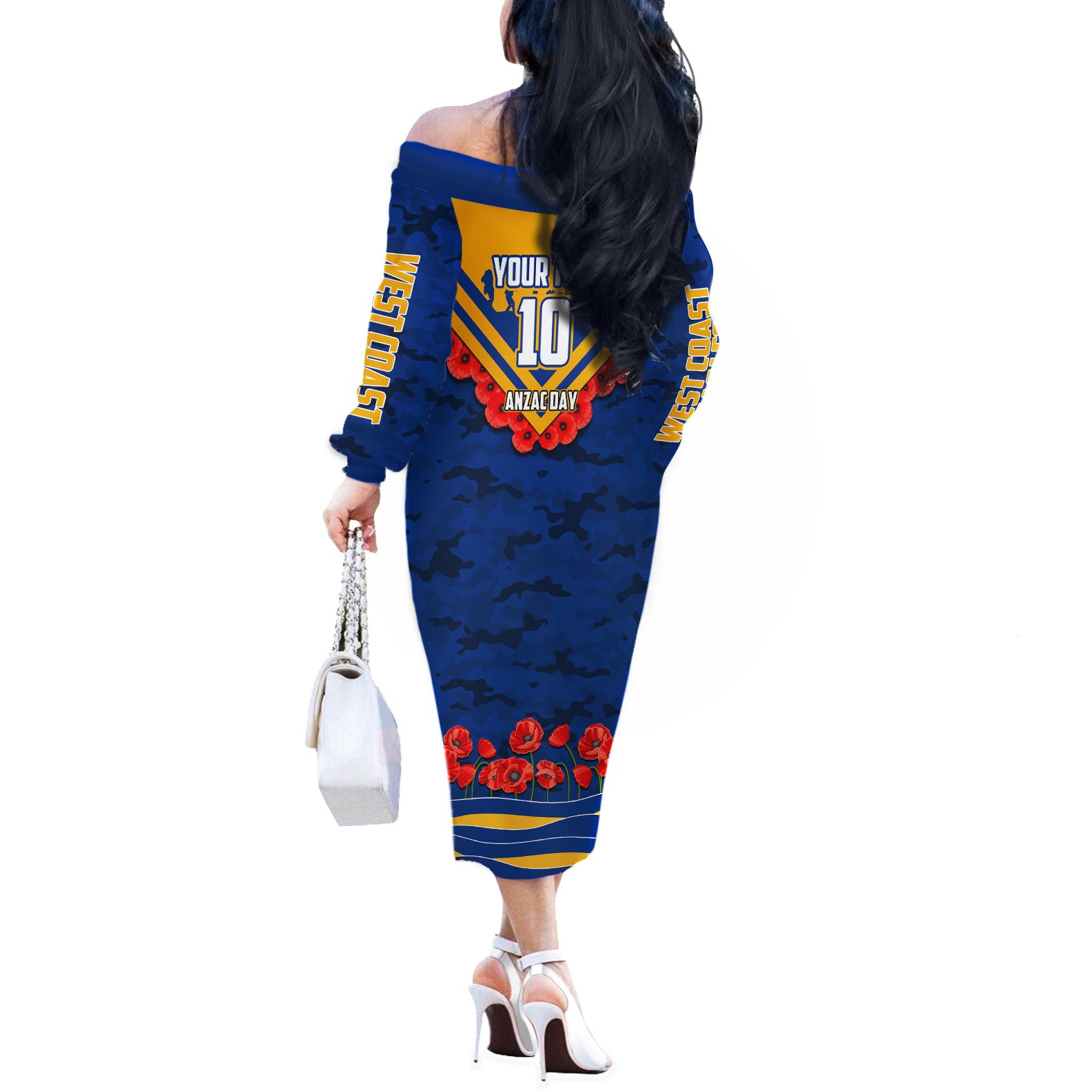 Personalised West Coast Eagles ANZAC Off The Shoulder Long Sleeve Dress Military Remembrance Australian Football Mascot Camouflage