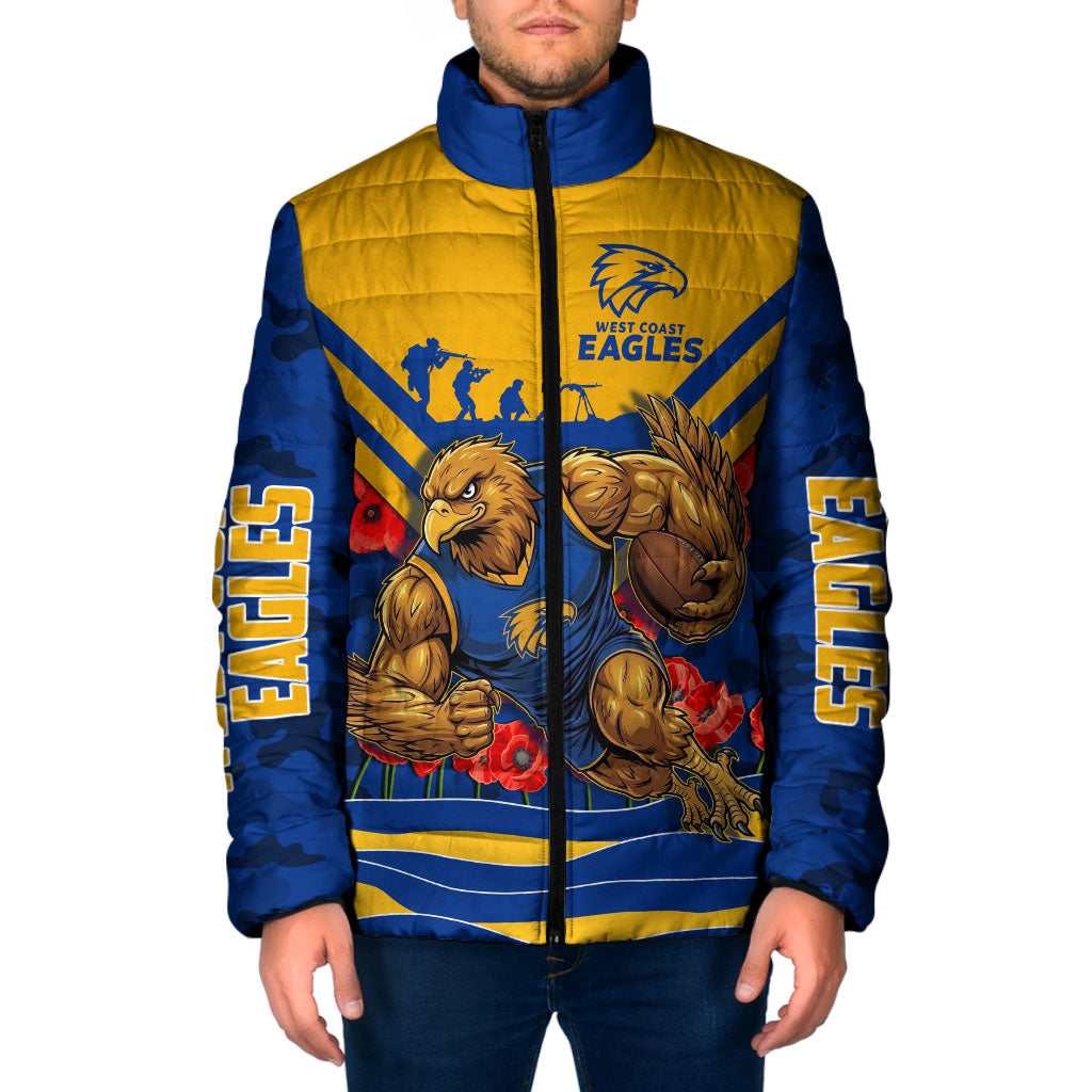 Personalised West Coast Eagles ANZAC Padded Jacket Military Remembrance Australian Football Mascot Camouflage