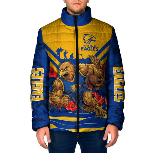 Personalised West Coast Eagles ANZAC Padded Jacket Military Remembrance Australian Football Mascot Camouflage