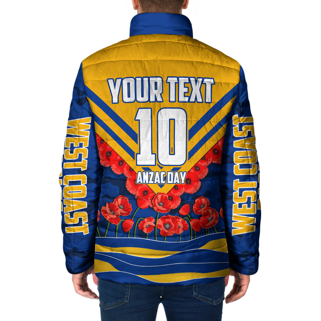 Personalised West Coast Eagles ANZAC Padded Jacket Military Remembrance Australian Football Mascot Camouflage