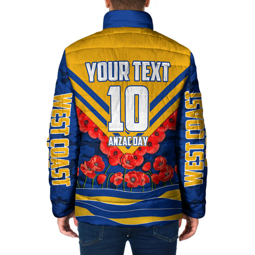 Personalised West Coast Eagles ANZAC Padded Jacket Military Remembrance Australian Football Mascot Camouflage