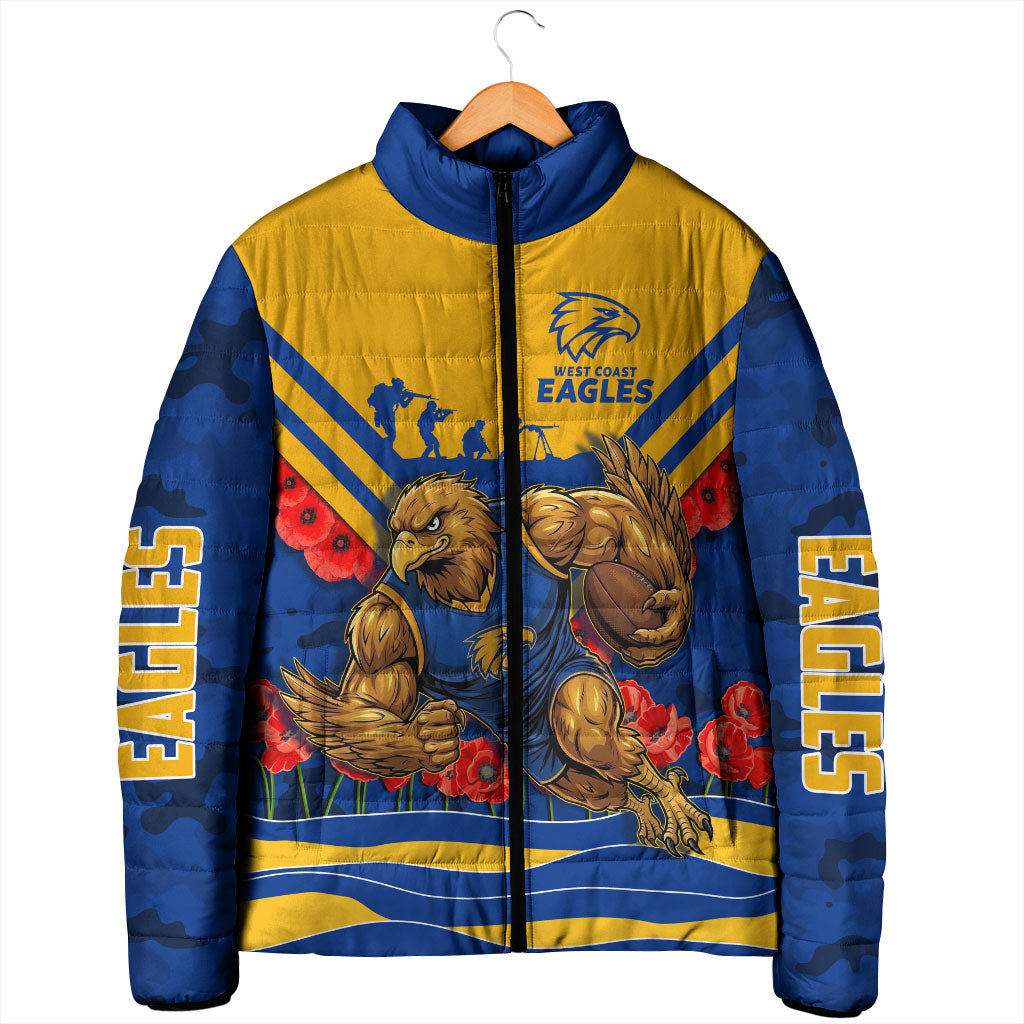 Personalised West Coast Eagles ANZAC Padded Jacket Military Remembrance Australian Football Mascot Camouflage
