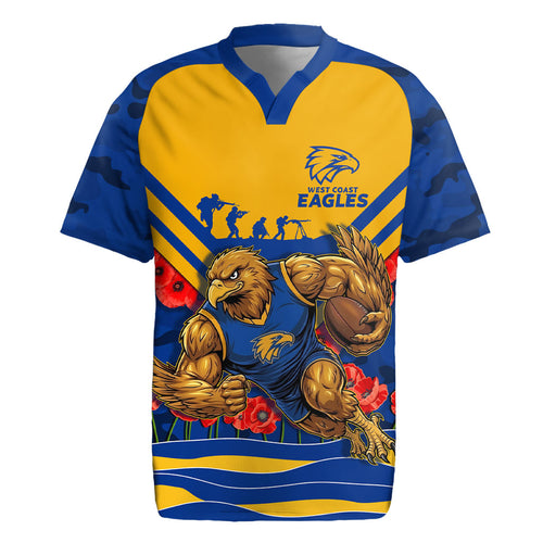 Personalised West Coast Eagles ANZAC Rugby Jersey Military Remembrance Australian Football Mascot Camouflage