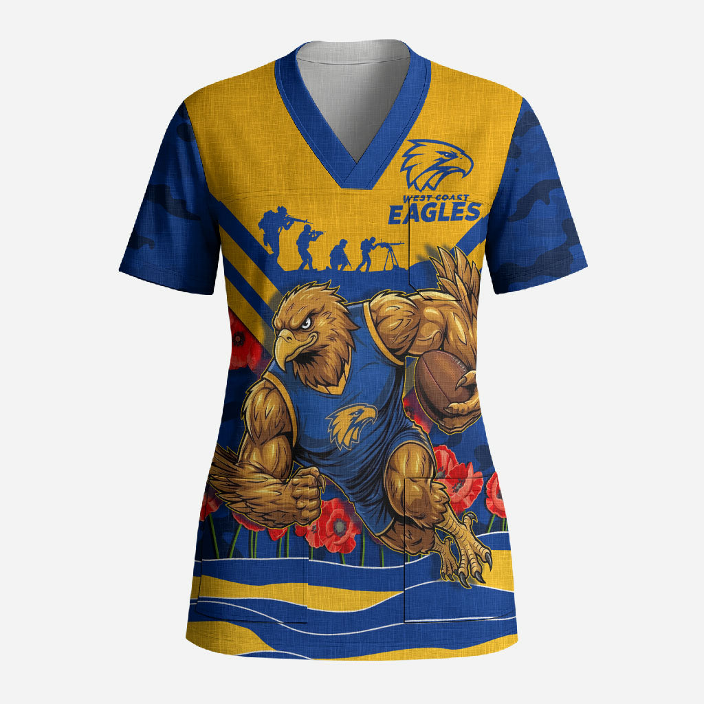 Personalised West Coast Eagles ANZAC Scrub Top Military Remembrance Australian Football Mascot Camouflage