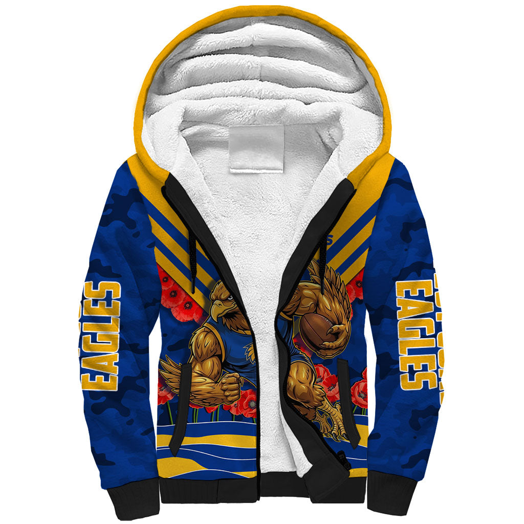 Personalised West Coast Eagles ANZAC Sherpa Hoodie Military Remembrance Australian Football Mascot Camouflage
