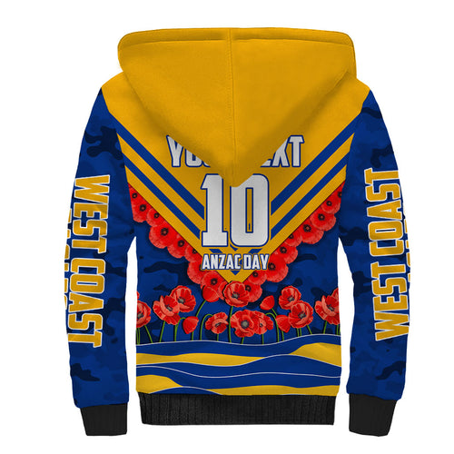 Personalised West Coast Eagles ANZAC Sherpa Hoodie Military Remembrance Australian Football Mascot Camouflage