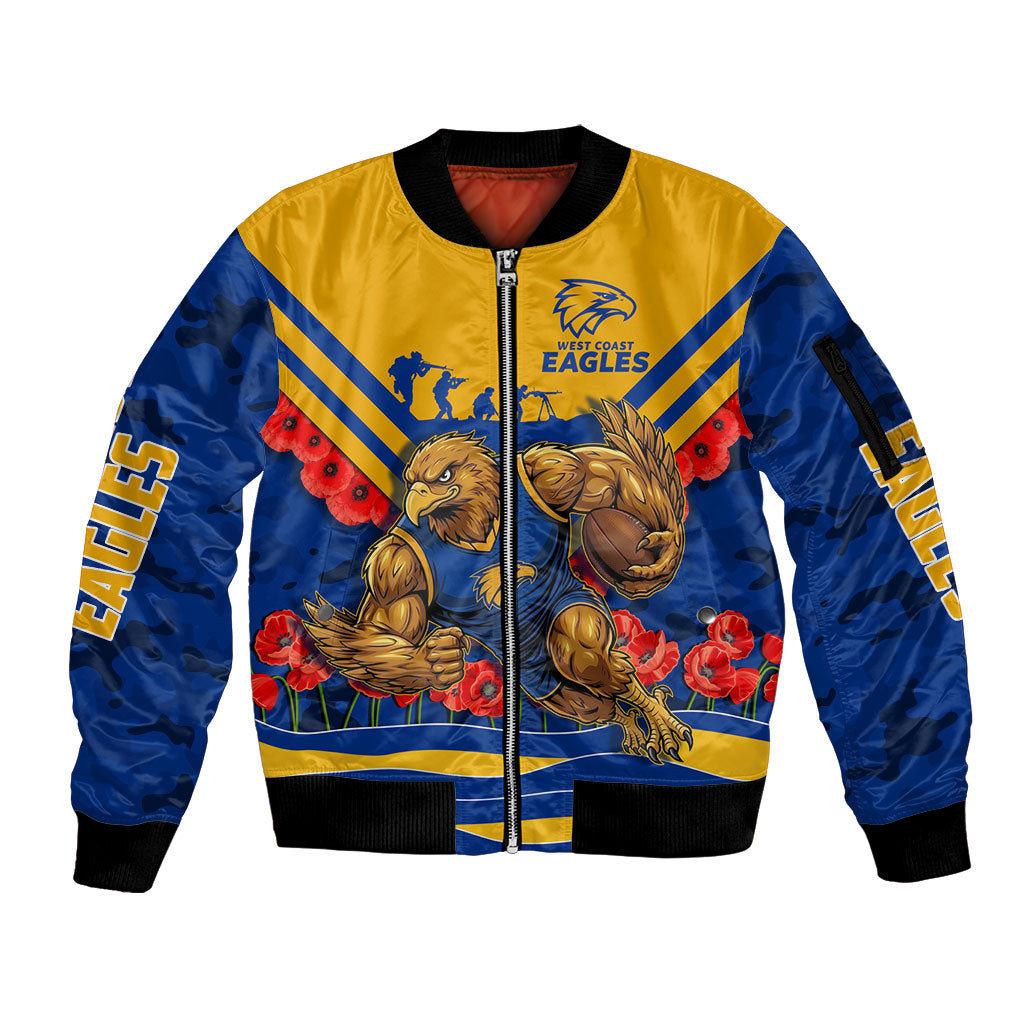 Personalised West Coast Eagles ANZAC Sleeve Zip Bomber Jacket Military Remembrance Australian Football Mascot Camouflage