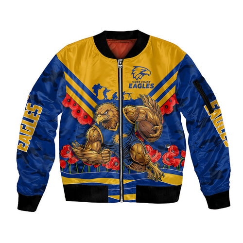 Personalised West Coast Eagles ANZAC Sleeve Zip Bomber Jacket Military Remembrance Australian Football Mascot Camouflage