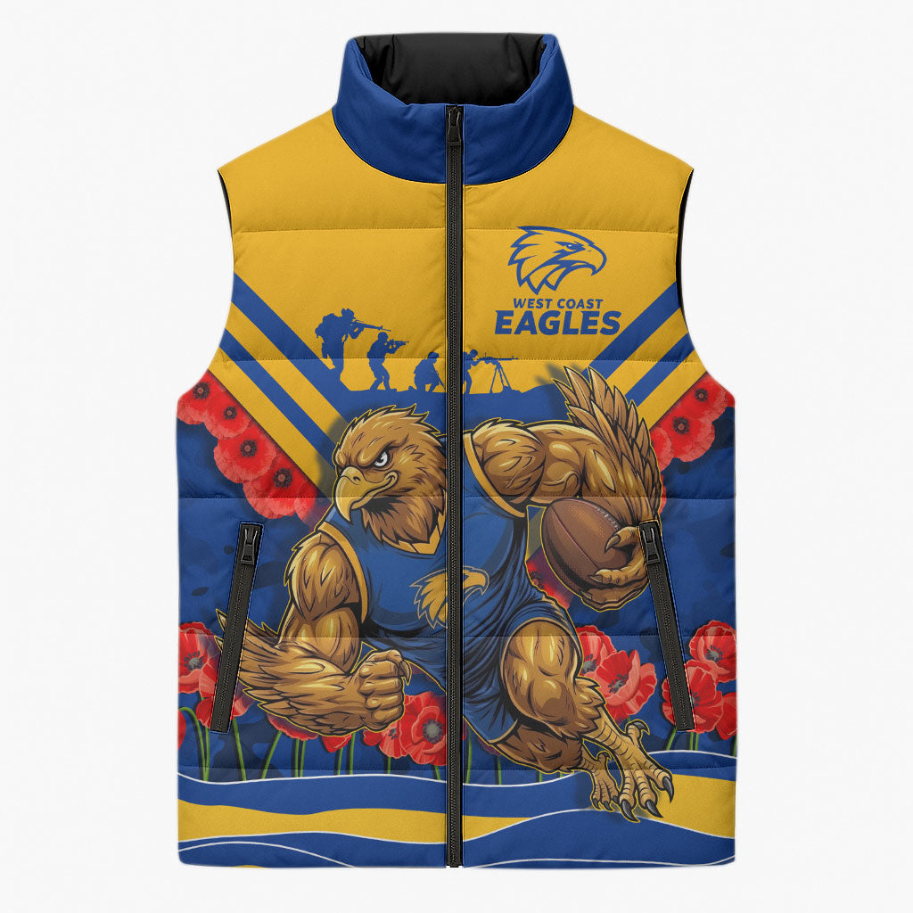 Personalised West Coast Eagles ANZAC Sleeveless Puffer Jacket Military Remembrance Australian Football Mascot Camouflage