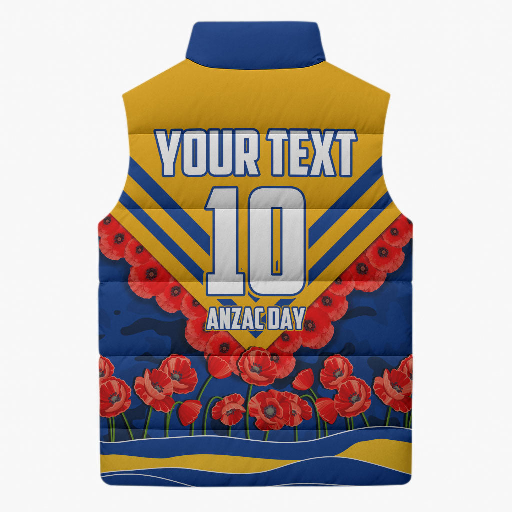 Personalised West Coast Eagles ANZAC Sleeveless Puffer Jacket Military Remembrance Australian Football Mascot Camouflage