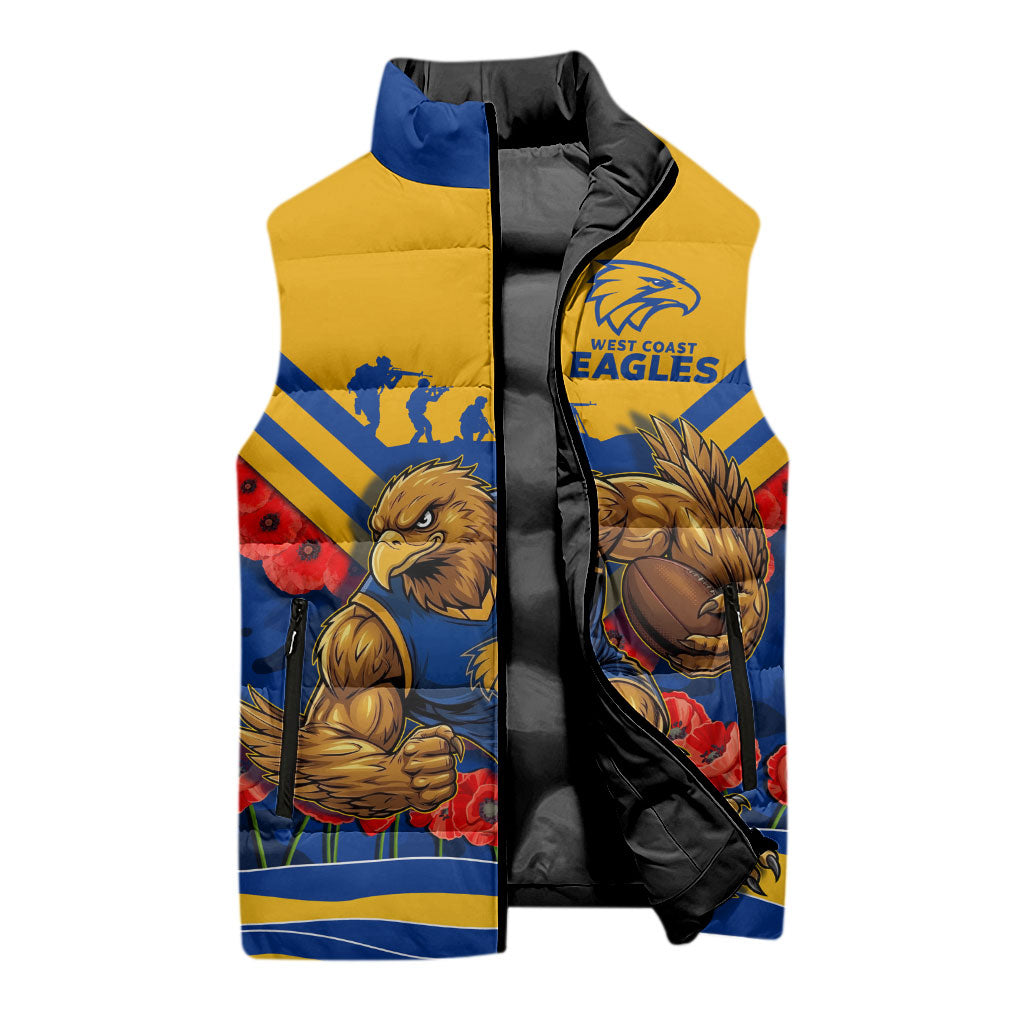 Personalised West Coast Eagles ANZAC Sleeveless Puffer Jacket Military Remembrance Australian Football Mascot Camouflage