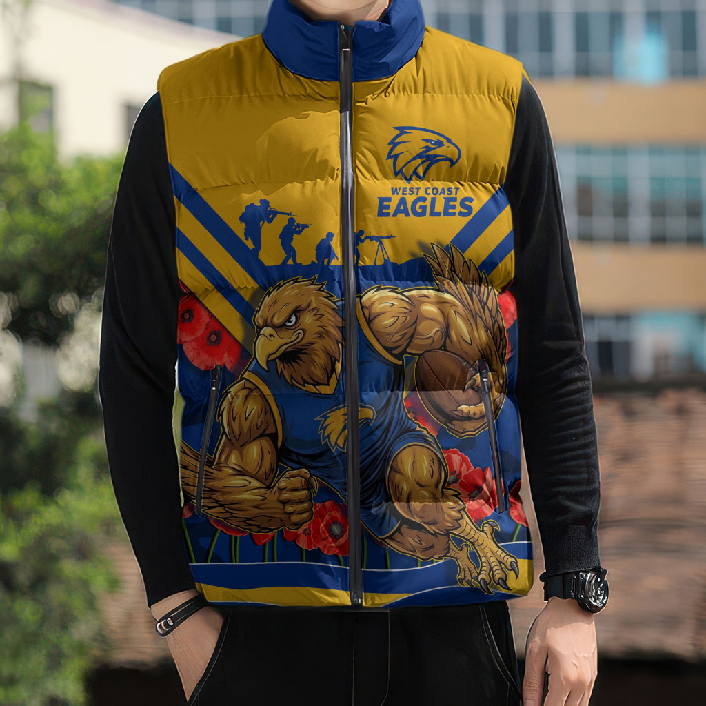 Personalised West Coast Eagles ANZAC Sleeveless Puffer Jacket Military Remembrance Australian Football Mascot Camouflage