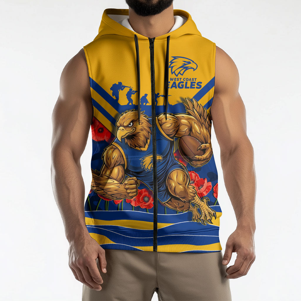 Personalised West Coast Eagles ANZAC Sleeveless Zip Hoodie Military Remembrance Australian Football Mascot Camouflage