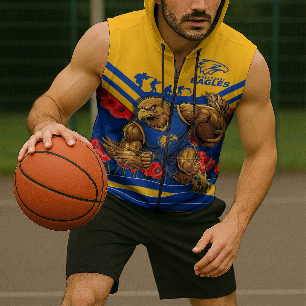 Personalised West Coast Eagles ANZAC Sleeveless Zip Hoodie Military Remembrance Australian Football Mascot Camouflage