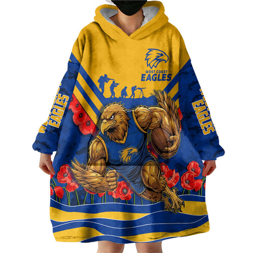 Personalised West Coast Eagles ANZAC Wearable Blanket Hoodie Military Remembrance Australian Football Mascot Camouflage